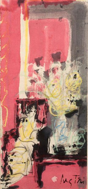 NGUYEN GIA TRI (1908-1993) 
室内的女人
纸上水彩、粉笔和水墨，
右下角有签名
27 x 12.5 cm - 10 2/3 x 4 7/8...