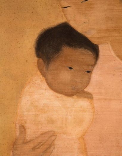 VU CAO DAM (1908-2000) 母亲和孩子，约1930年
水墨和色彩在丝绸上，
右下角签名
60 x 46 cm - 23 5/8 x 18 1/8...