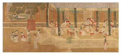 Chine XIXe siècle Longue peinture horizontale à l'encre et couleurs sur soie reprenant...