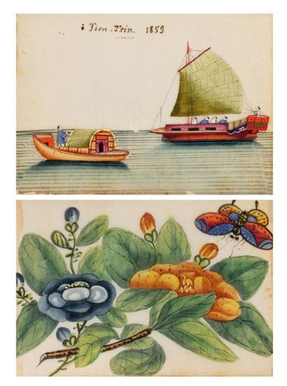CHINE deuxième moitié du XIXe siècle Album à couverture laquée noir, à décor à l'or...