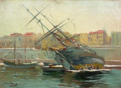 Louis NATTERO (1870-1915) 
Le bassin de carénage, Marseille
Huile sur panneau, signée...