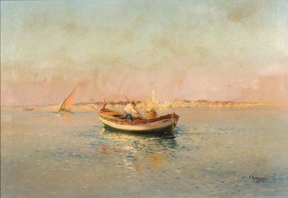 Louis NATTERO (1870-1915) 
Pêcheur en barque
Huile sur toile, signée en bas à droite
Oil...