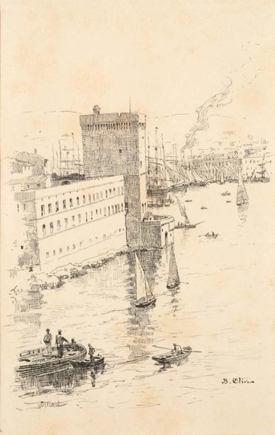 JEAN-BAPTISTE OLIVE (1848-1936) 
Port de Marseille
Plume sur papier, signée en bas...