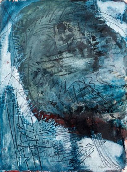 ANTONI CLAVE (1923 - 2005) 
Guerrier au fond bleu, 1974
Huile, encre et collage sur...