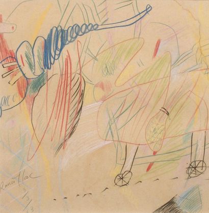 RANCILLAC Composition Dessin sur papier, crayon de couleur et craie SBG, 3 mars 1963...