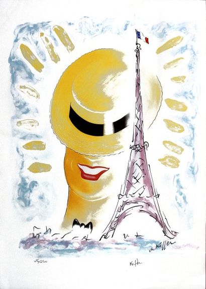 KIFFER CH Tour Eiffel et Maurice Chevalier Lithographie sur papier SBD, 72,5 x 53...