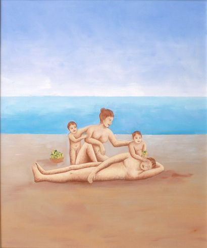 CANE Louis Famille sur la Plage Huile sur toile Signé Dos, 54 x 45 cm. Louis CANE...