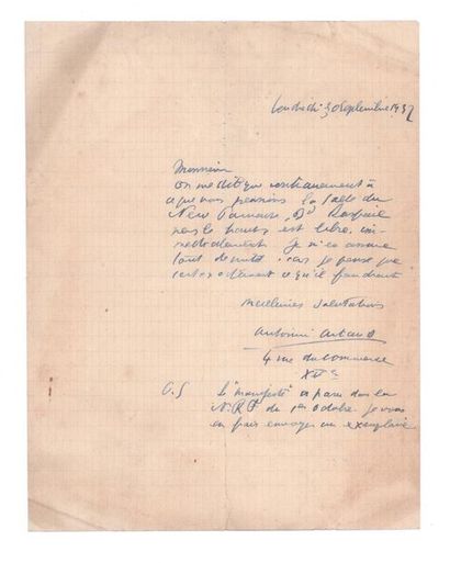 ARTAUD ANTONIN (1896-1948) 
Signed autograph letter addressed to R. MOREAU LALANDE...
