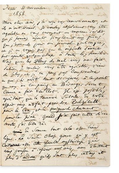 BAUDELAIRE Charles (1821-1867) 
Signed autograph letter addressed to Auguste POULET-MALASSIS...