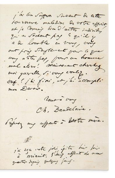 BAUDELAIRE Charles (1821-1867) 
Signed autograph letter addressed to Auguste POULET-MALASSIS...