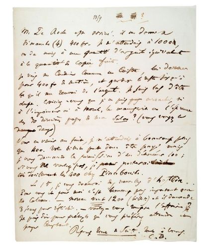 BAUDELAIRE Charles (1821-1867) 
Autograph letter signed "C. B." addressed to Auguste...