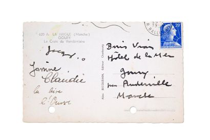 PREVERT Jacques (1900-1977) 
Original collage on signed postcard. 1959]
Perforated...