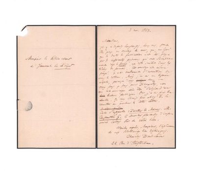 BAUDELAIRE Charles (1821-1867) 
Signed autograph letter addressed to [Bernard-Adolphe...