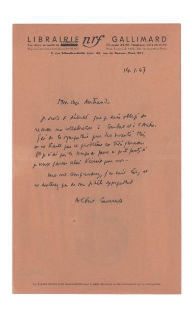 CAMUS Albert (1913-1960) 
Lettre autographe signée adressée à l'écrivain Charles...