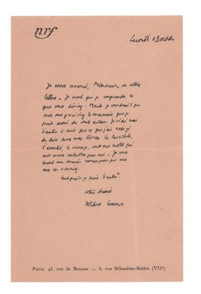 CAMUS Albert (1913-1960) 
Signed autograph letter addressed to a stranger
S.l., Monday...