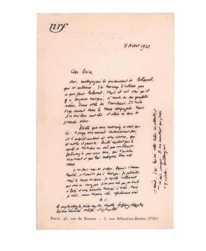 CAMUS Albert (1913-1960) 
Signed autograph letter addressed to Brice PARAIN Paris,...