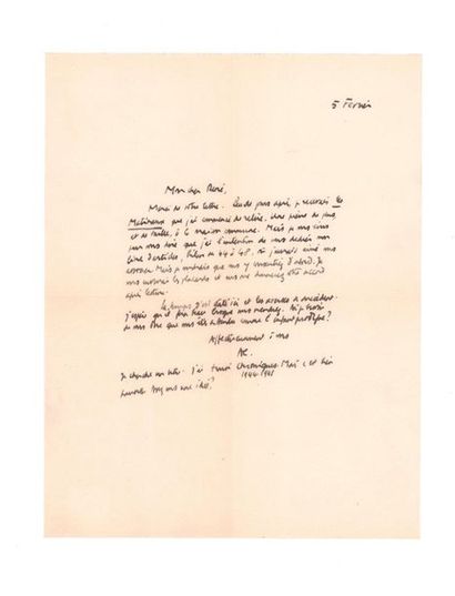 CAMUS Albert (1913-1960) 
Lettre autographe signée adressée à René CHAR S.l., 5 février...
