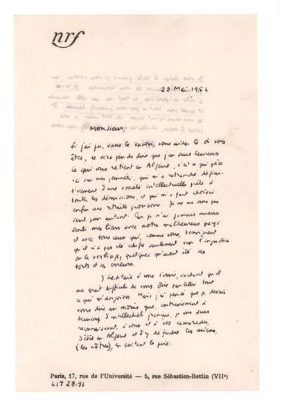 CAMUS Albert (1913-1960) 
Lettre autographe signée
Paris, 22 mai 1956. 1 page ½ in-8...
