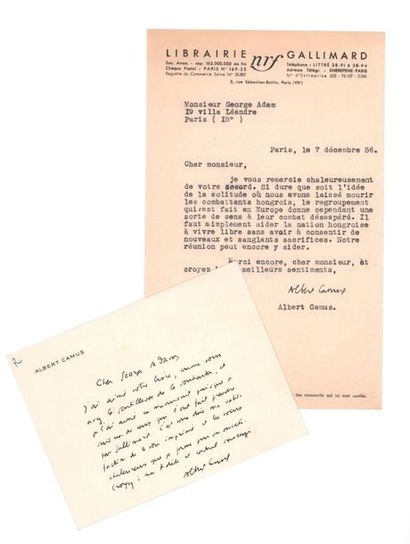 CAMUS Albert (1913-1960) 
Billet autographe signé et lettre dactylographiée signée...