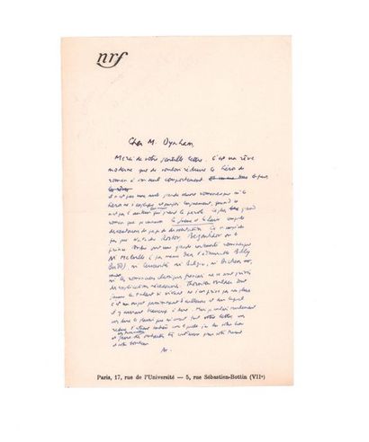 CAMUS Albert (1913-1960) 
Lettre autographe signée adressée à Monsieur DYNAM.
S.l.n.d.,...