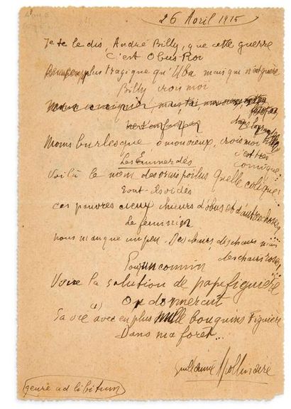 APOLLINAIRE Guillaume (1880-1918) 
Signed autograph poem addressed to André BILLY...