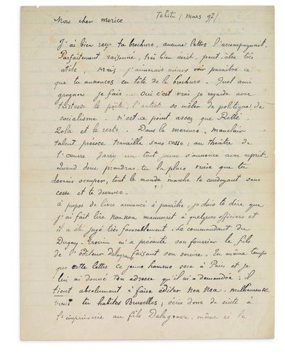 GAUGUIN Paul (1848-1903) 
Signed autograph letter addressed to Charles MORICE Tahiti,...