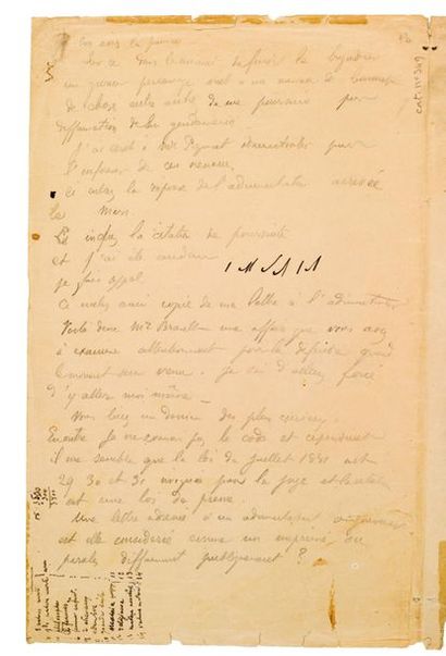 GAUGUIN Paul (1848-1903) 
Lettre autographe (minute) adressée à Léonce BRAULT
S.l.,...