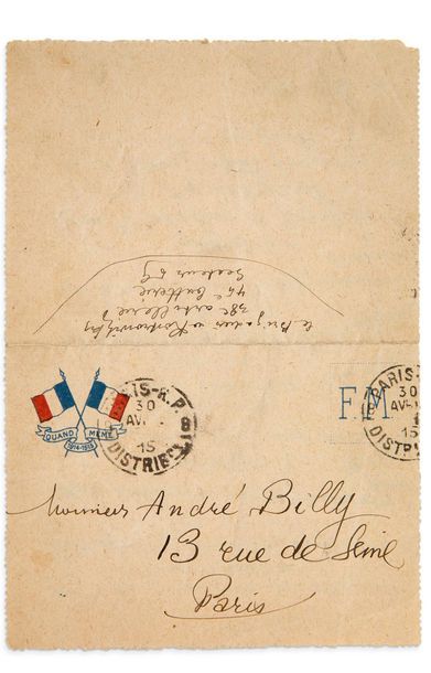 APOLLINAIRE Guillaume (1880-1918) 
Signed autograph poem addressed to André BILLY...