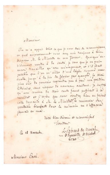 NERVAL, Gérard de (1808-1855) 
Lettre autographe signée adressée à Auguste CAVÉ Paris,...