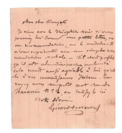 NERVAL, Gérard de (1808-1855) 
Autograph signed ticket addressed to Adrien DAUZATS
S.l.n.d....