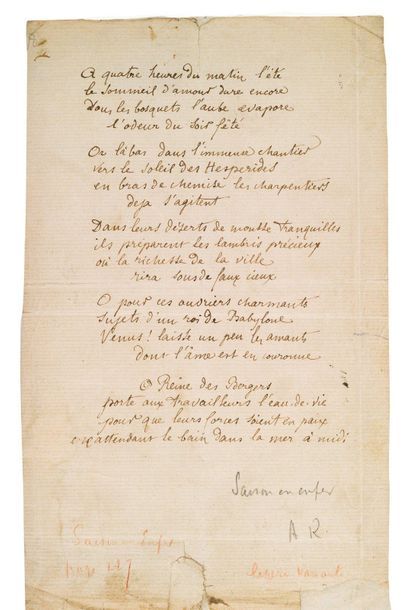 RIMBAUD ARTHUR (1854-1891) 
Bonne pensée du matin, poème autographe
Été 1872, 1 page...