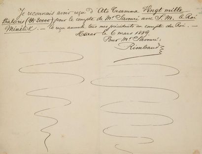 RIMBAUD ARTHUR (1854-1891) 
Autograph receipt signed
Harar [Ethiopia], March 6, 1889....