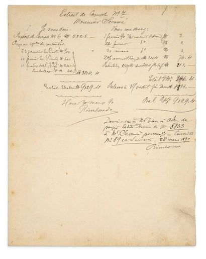 RIMBAUD ARTHUR (1854-1891) 
Extract of accounts for Armand SAVOURÉ, autograph manuscript...