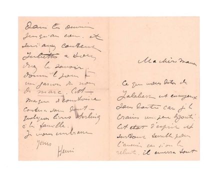 TOULOUSE-LAUTREC Henri de (1864-1901) 
Signed autograph letter addressed to his mother
S.l....