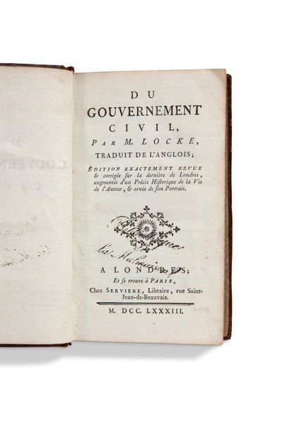 LOCKE (John). + Du Gouvernement civil. Londres et Paris, Servière, 1783.
In-12, veau...
