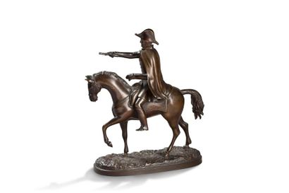 ECOLE FRANCAISE XIXe siècle + Général à cheval épreuve en bronze à patine brune H...