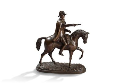 ECOLE FRANCAISE XIXe siècle + Général à cheval épreuve en bronze à patine brune H...