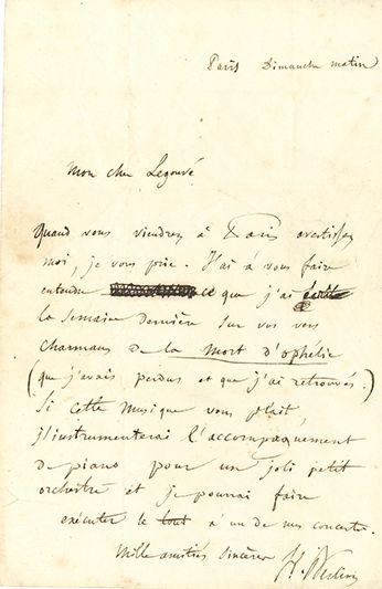 BERLIOZ Hector (1803-1869) L.A.S. "H. Berlioz", Paris Dimanche matin [May 8, 1842],...