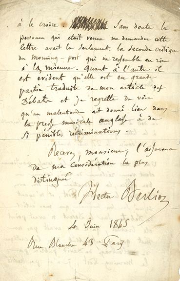 BERLIOZ Hector (1803-1869) L.A.S. « Hector Berlioz », Paris 4 juin 1845 ; 2 pages...