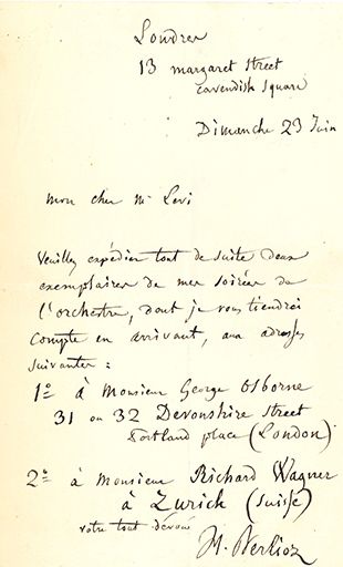 BERLIOZ Hector (1803-1869) L.A.S. "H. Berlioz", London 23 [for 24] June [1855], to...