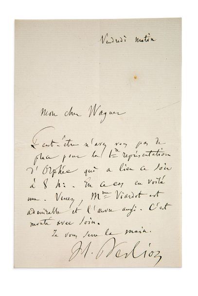 BERLIOZ Hector (1803-1869) L.A.S., Vendredi matin [18 novembre 1859], à Richard WAGNER...