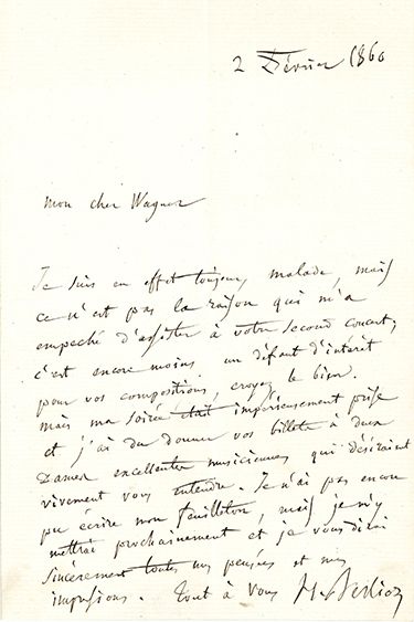 BERLIOZ Hector (1803-1869) L.A.S. "H. Berlioz", February 2, 1860, to Richard WAGNER;...