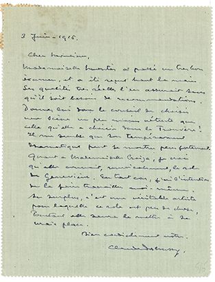 DEBUSSY Claude (1862-1918) 
L.A.S. « Claude Debussy », 3 juin 1915, à Pierre CHÉREAU,...