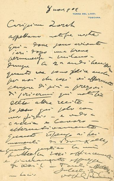 PUCCINI Giacomo (1858-1924) 
L.A.S. « GPuccini », Torre del Lago 8 novembre 1909,...