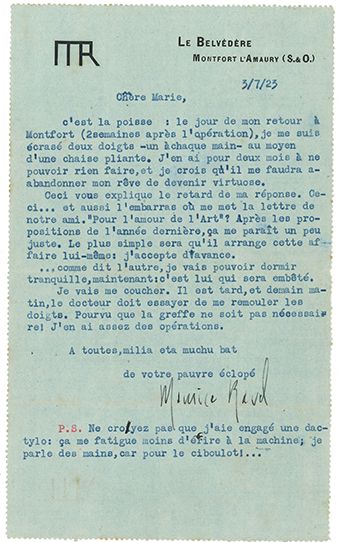 RAVEL Maurice (1875-1937) 
L.S. "Maurice Ravel", Le Belvédère, Montfort l'Amaury...