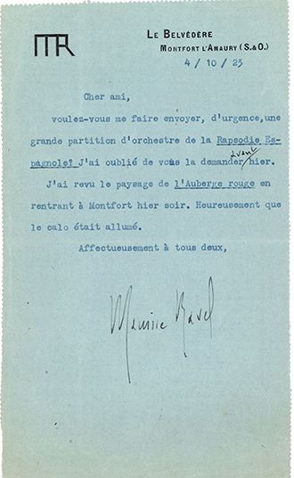 RAVEL Maurice (1875-1937) 
L.S. « Maurice Ravel » avec un mot autographe, Le Belvédère,...