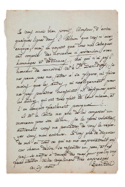 SPONTINI Gaspare (1774-1851) L.A.S. "Spontini", August 29; 1 page in-8 on blue paper...
