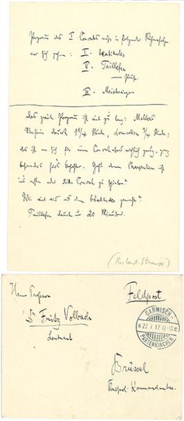 STRAUSS Richard (1864-1949) AUTHORIZED NOTE, [Garmisch 27.VII.1917], to Prof. Fritz...