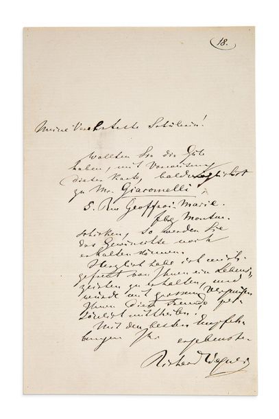 WAGNER RICHARD (1813-1883) L.A.S. " Richard Wagner ", [circa 1860], to a pupil; 1...