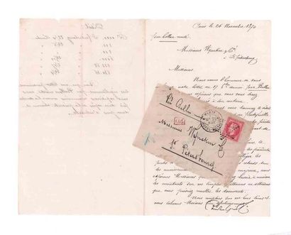null RUSSIA - 29 NOVEMBER 1870
80c lauré obl. étoile 13 PARIS Hôtel de Ville on envelope...